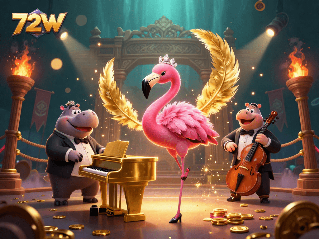 Aposte em 72W, uma cena vibrante de cassino digital com flamingo cantor, hipopótamo e elementos de jogos.