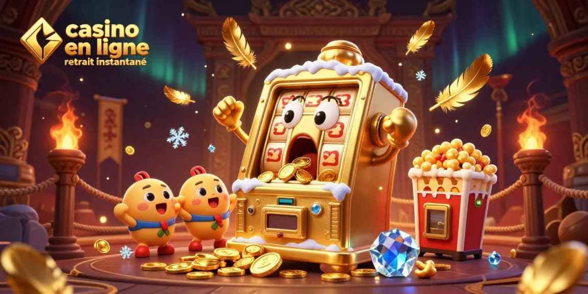 Casino en ligne retrait instantané : Machine à sous joyeuse gagnant un jackpot avec des pièces d'or.