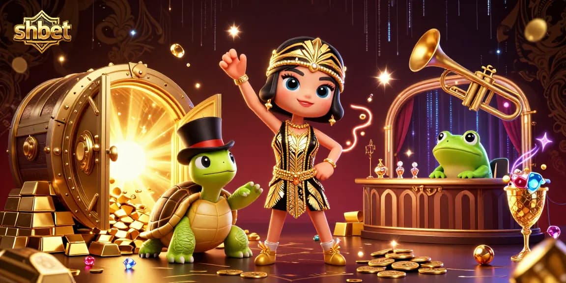 Join the excitement with shbet, showcasing vibrant 3D casino characters amidst dazzling gold treasures.