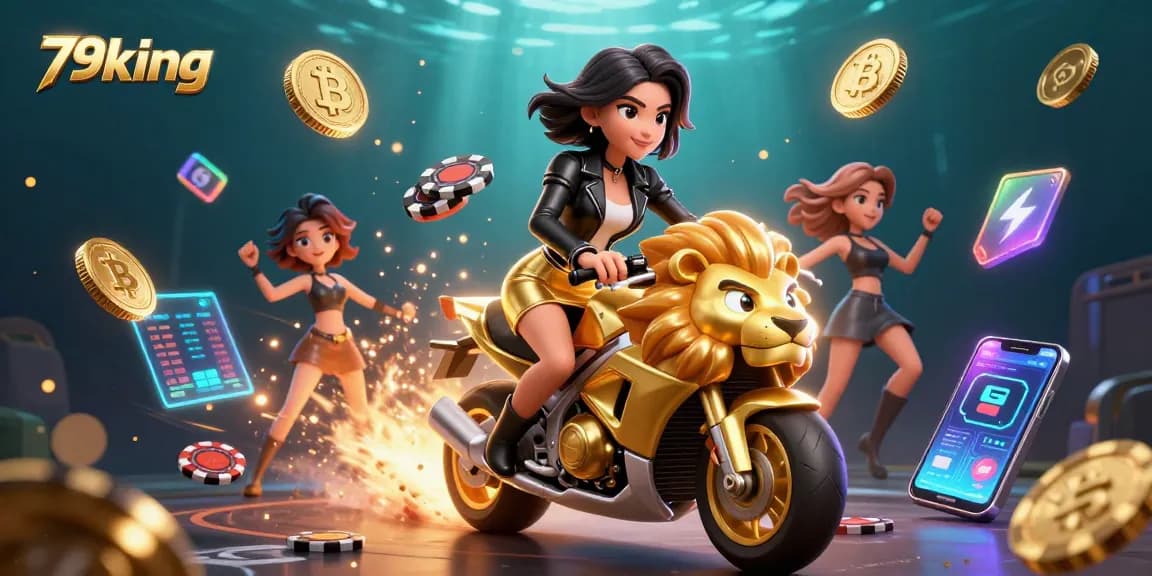 Engage in thrilling gameplay with 79king as glamorous characters race on a golden lion, amidst vibrant crypto-themed visuals.