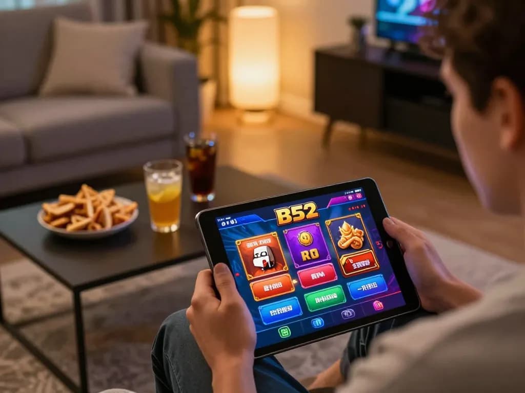 B52 user engaging with the casino app on a tablet, illustrating interactive betting experience.