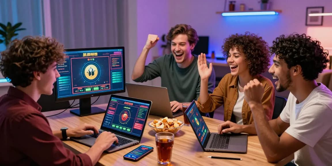 Friends celebrating a win on a 토토사이트 during an engaging online gambling session, surrounded by tech gadgets.