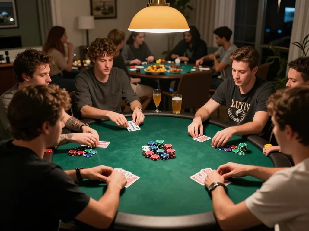 3win actor celebrates winning poker hand during a lively home game night with friends.