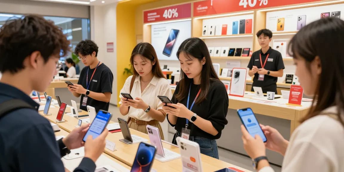 Shoppers exploring electronics discounts on ROKOK88, engaging over gadgets.