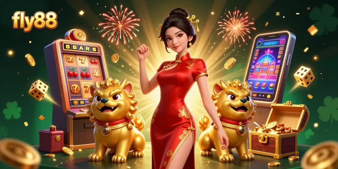 Win big with fly88 as glamorous Asian woman stands amid vibrant casino elements, radiating excitement.