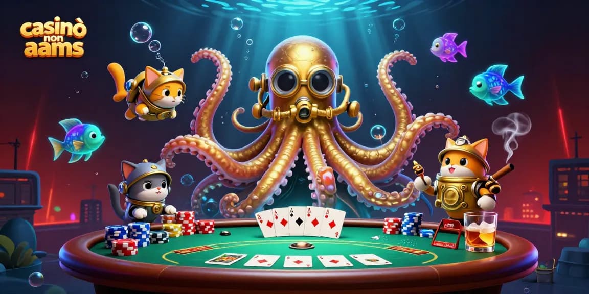 Vivi il brivido dei casinò non AAMS con un kraken cartoon, un gatto subacqueo e elementi vivaci del casinò.
