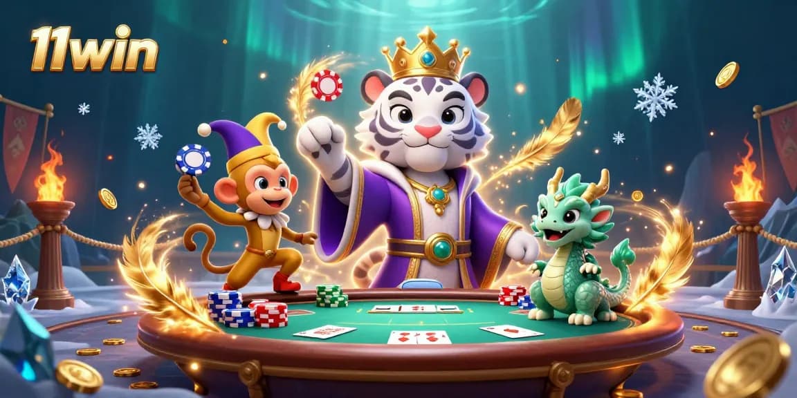 Win big at 11win with an electrifying poker illustration featuring lively characters.
