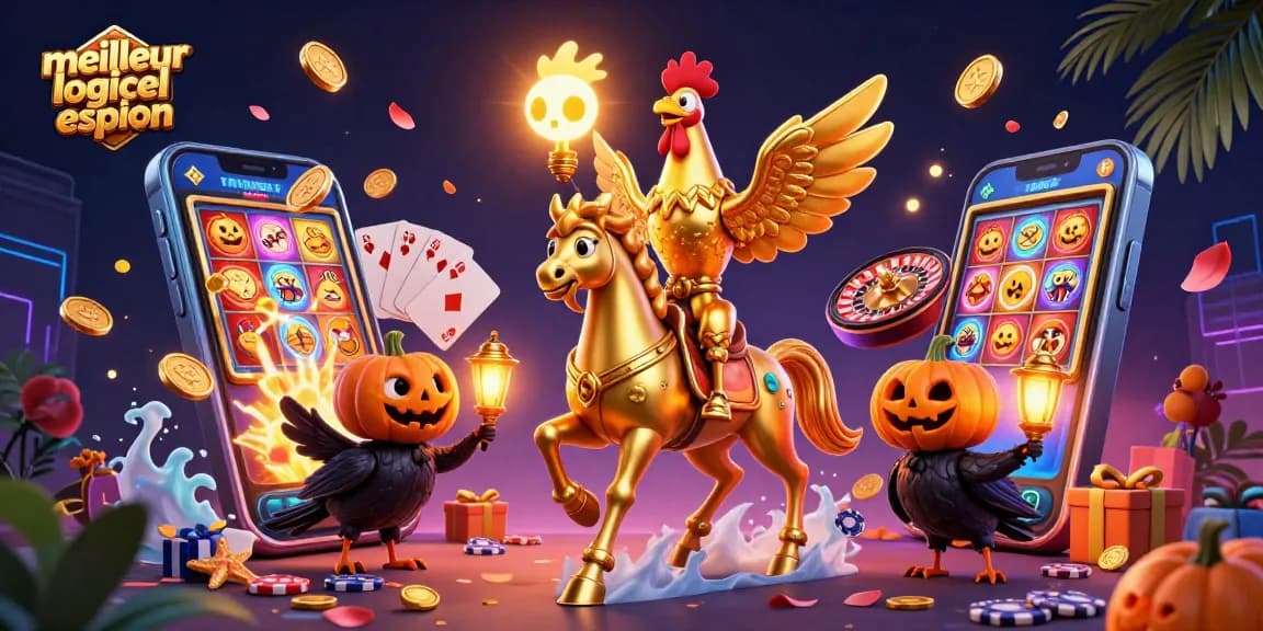 Meilleur logiciel espion éclairant des jeux de casino avec un coq doré et des cimes spectrales à travers des jets de pièces d'or