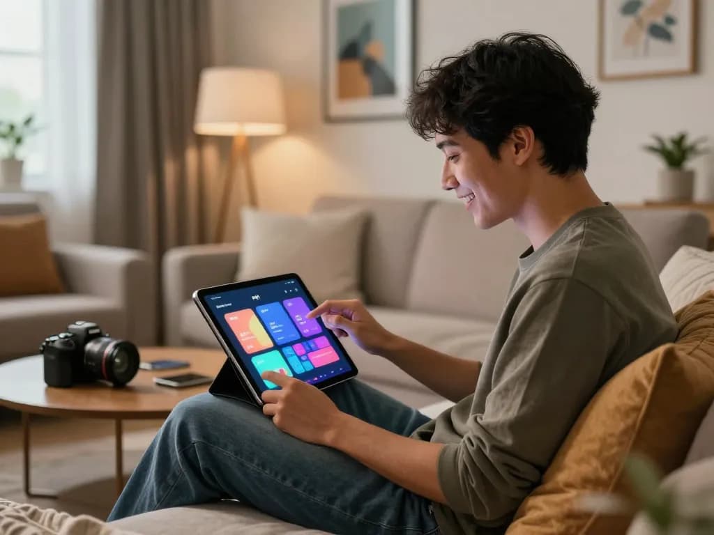 Engaging with an nsfw ai application in a cozy living room setting, showcasing user-friendly interface elements.