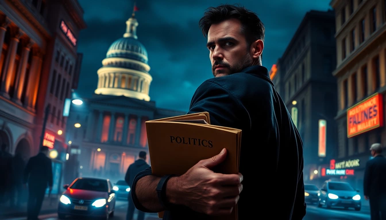 Action-packed scene highlighting Politics Thieves and Bullets in a dramatic urban setting.