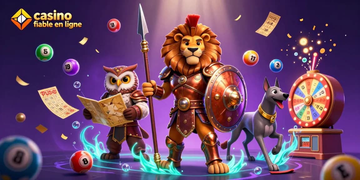 Jouez au casino fiable en ligne avec des personnages de jeu de stratégie et de chance dans une scène animée.