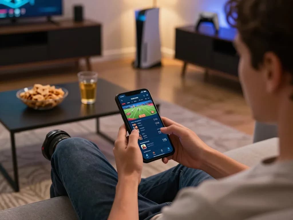 Engaging in sports betting on a mobile app, showcasing situs gacor gaming strategy in a cozy home setting.