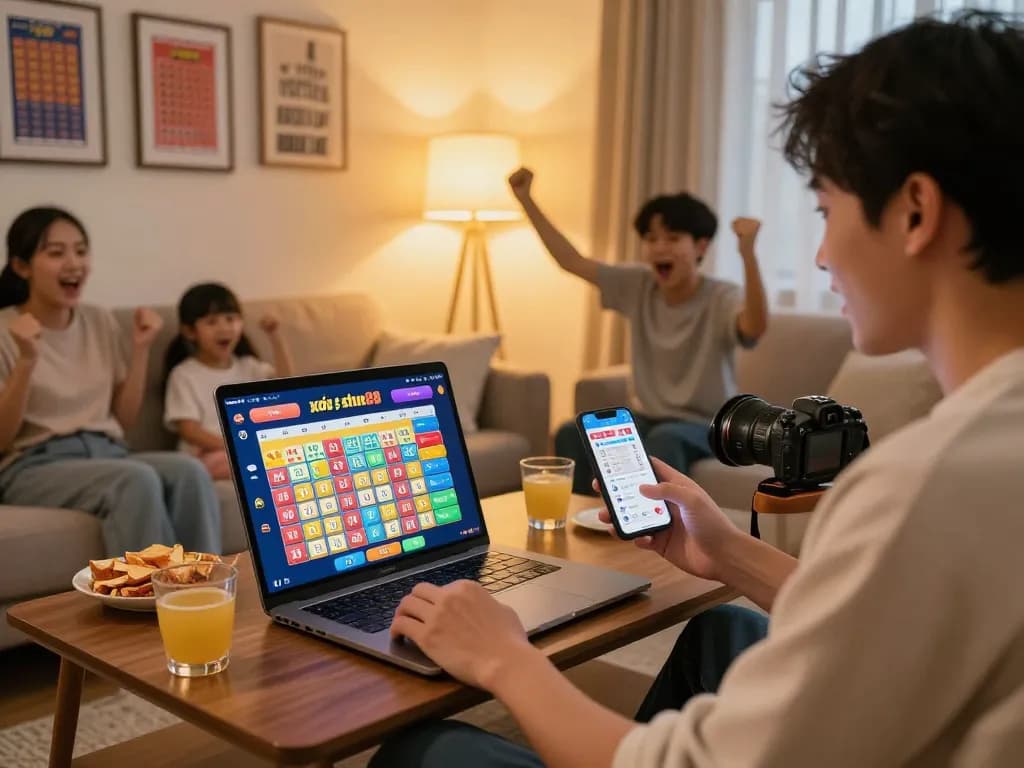 xổ số hubet88 player celebrating a win in modern living room