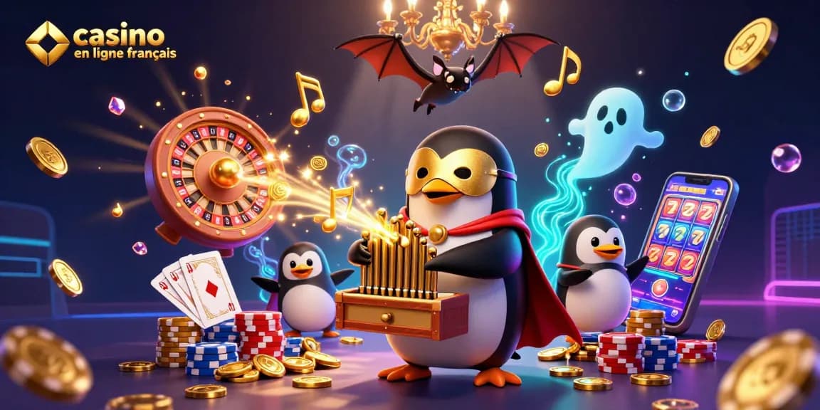 Jouez dans un casino en ligne français captivant avec des jeux et des pièces dorées s'illuminant.