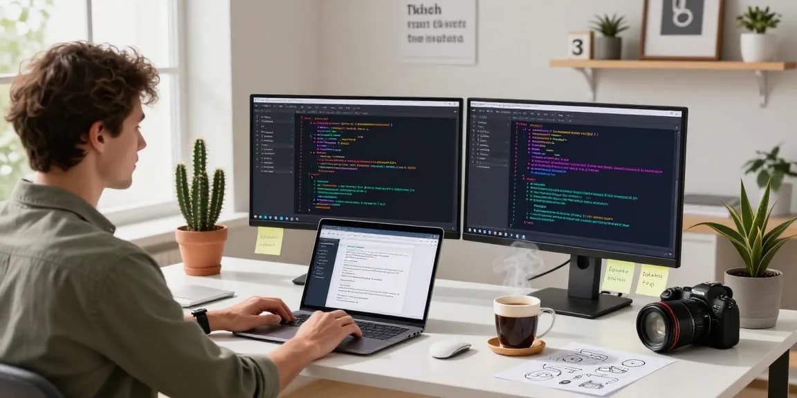 AI prompt image generation workspace with dual monitors, laptop, and coffee in a creative environment.