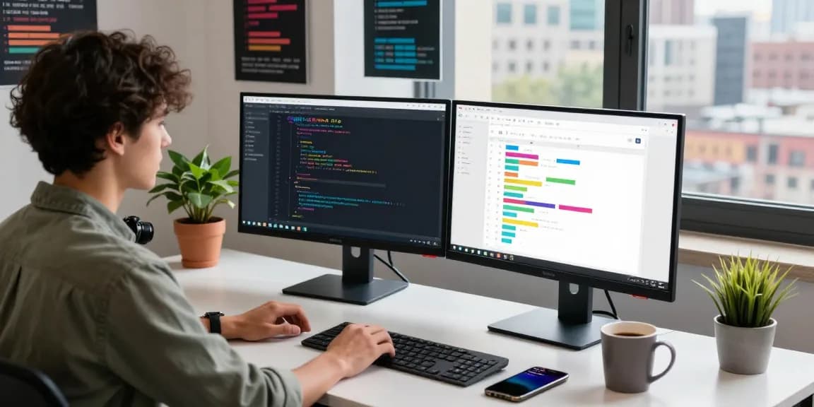 Developer working on the 纸飞机中文版 app in a modern tech workspace, showcasing productivity and innovation.