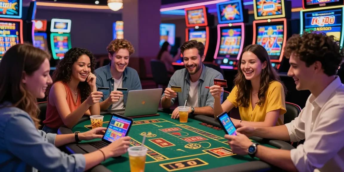 Excited group of friends enjoying games at casinos that accept credit cards, showcasing a modern gaming atmosphere.