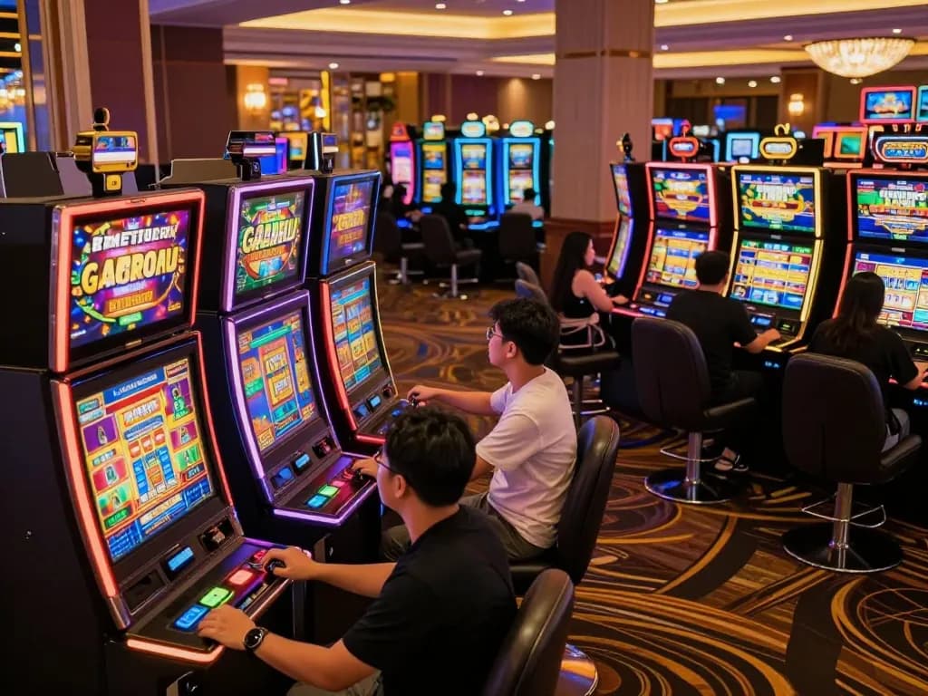 Experience thrilling gameplay at a vibrant slot gacor casino with excited players engaging with colorful machines.