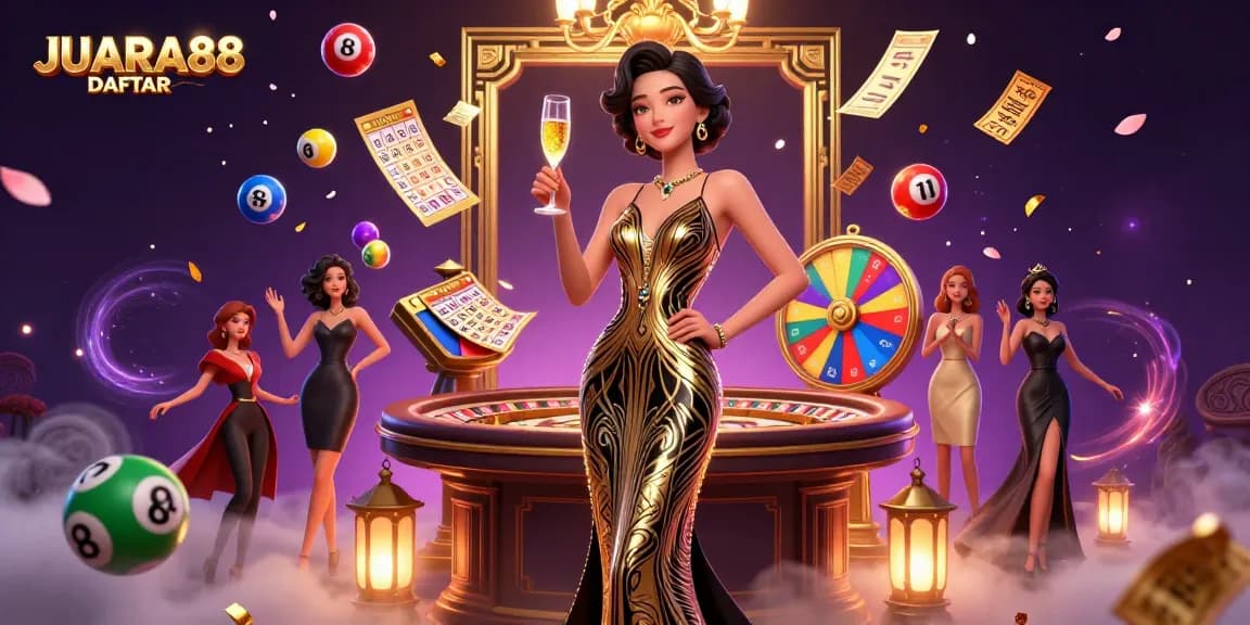 Engage with JUARA88 DAFTAR amidst a vibrant casino scene featuring dynamic lottery elements.