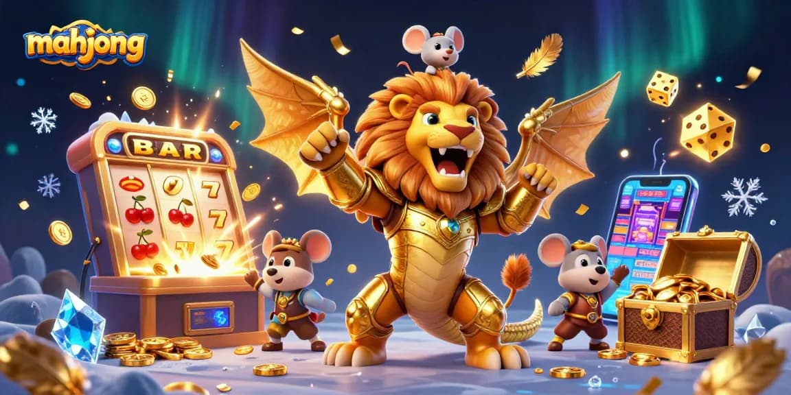 Play mahjong and win big with energetic casino-themed 3D digital art of colorful slot machines.
