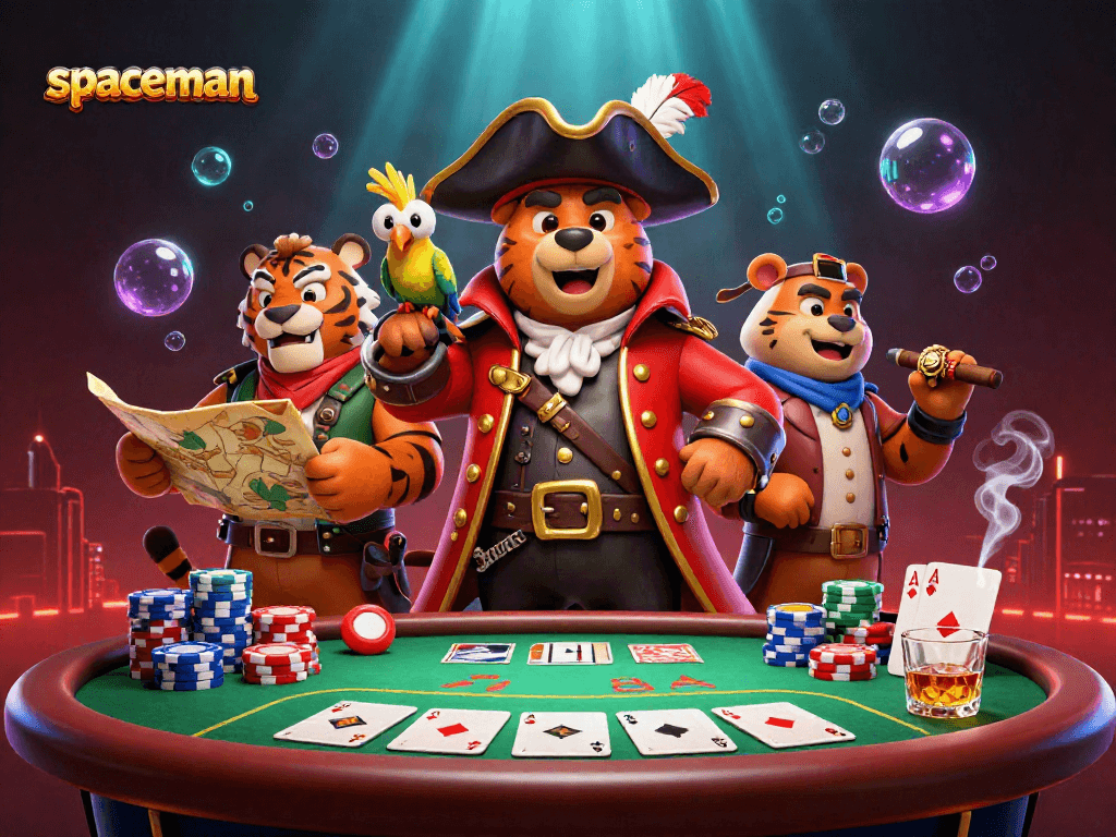 Spaceman-themed poker adventure awaits with a cartoon bear captain and tiger first mate!