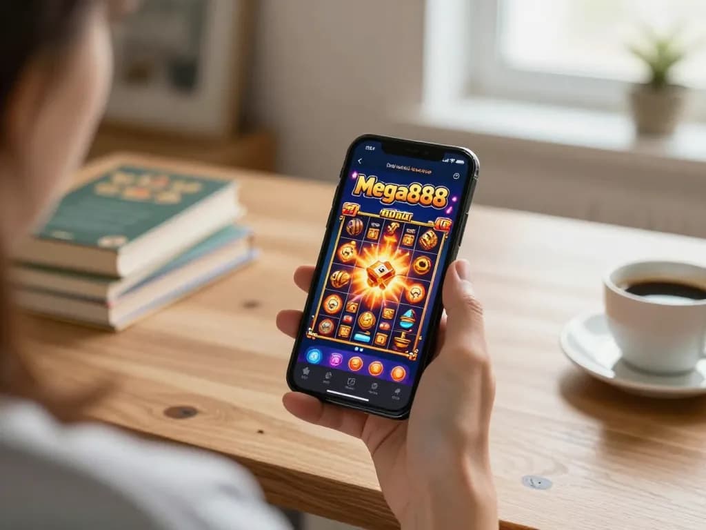 Engaging gameplay on mega888 apk displayed on smartphone in a cozy home environment.