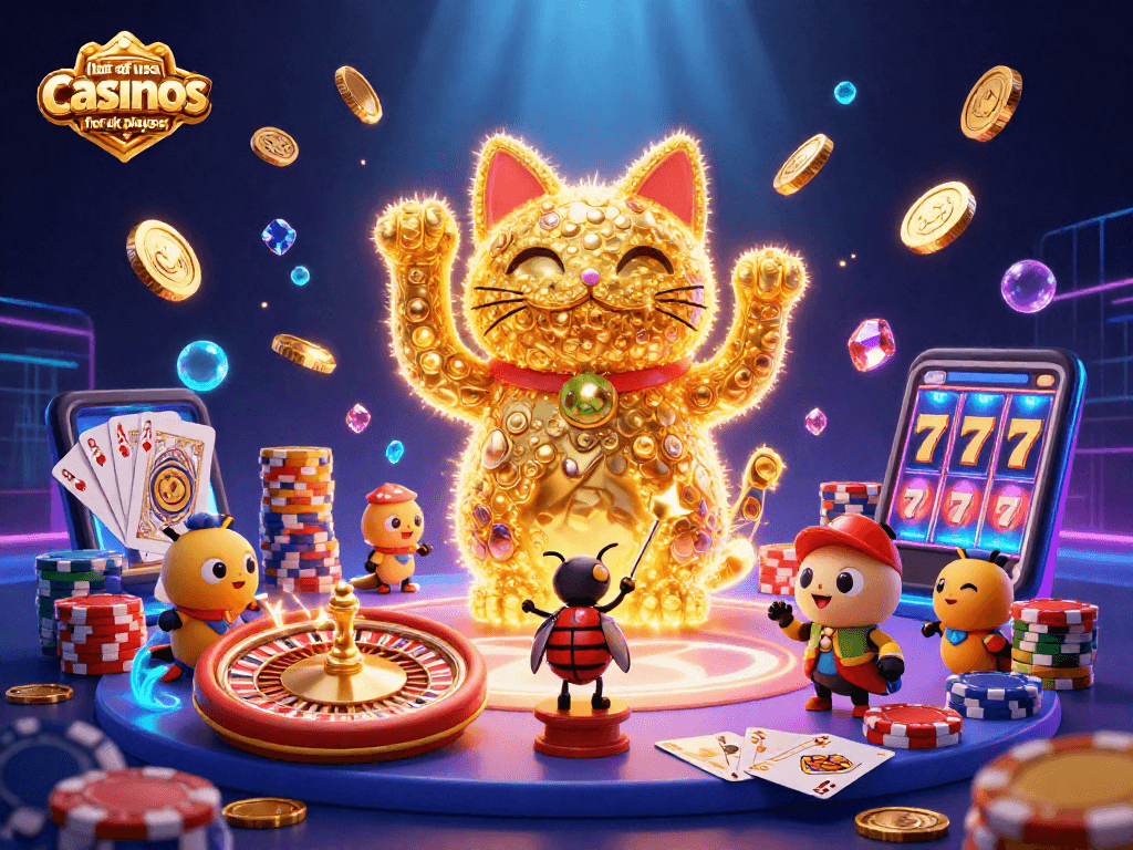 Engage with the list of usa casinos for uk players showcasing a vibrant casino scene with golden elements and lucky symbols.