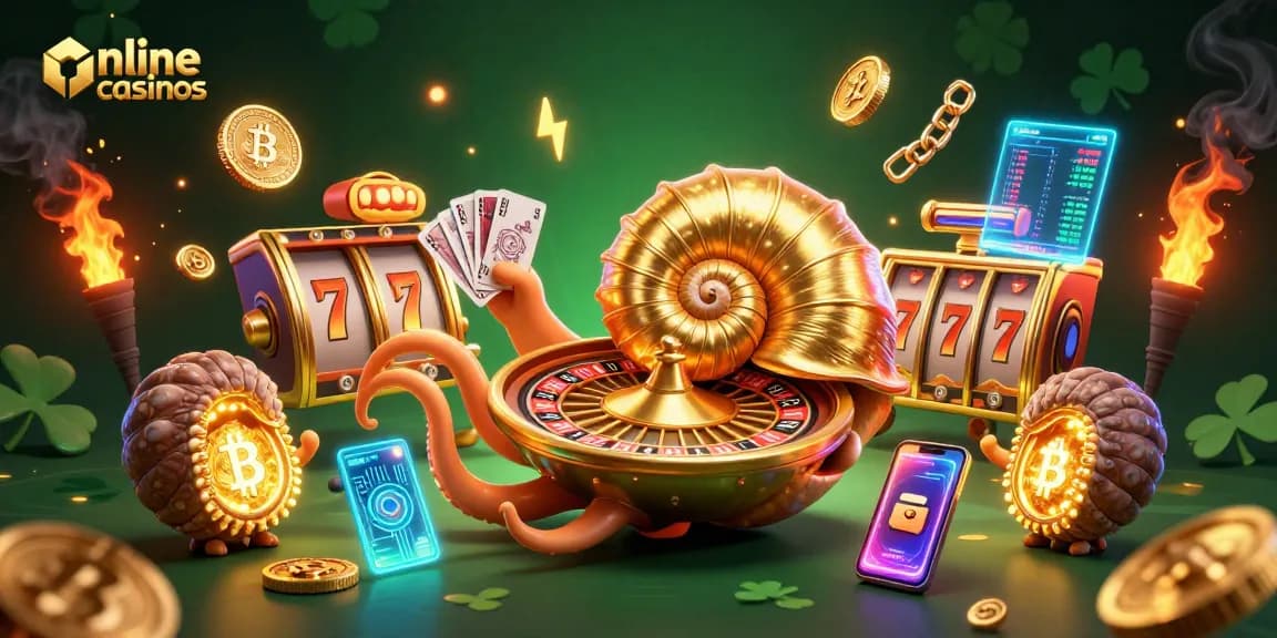 Betters engage with vibrant online casinos in a 3D illustration filled with cards and cryptocurrency elements.