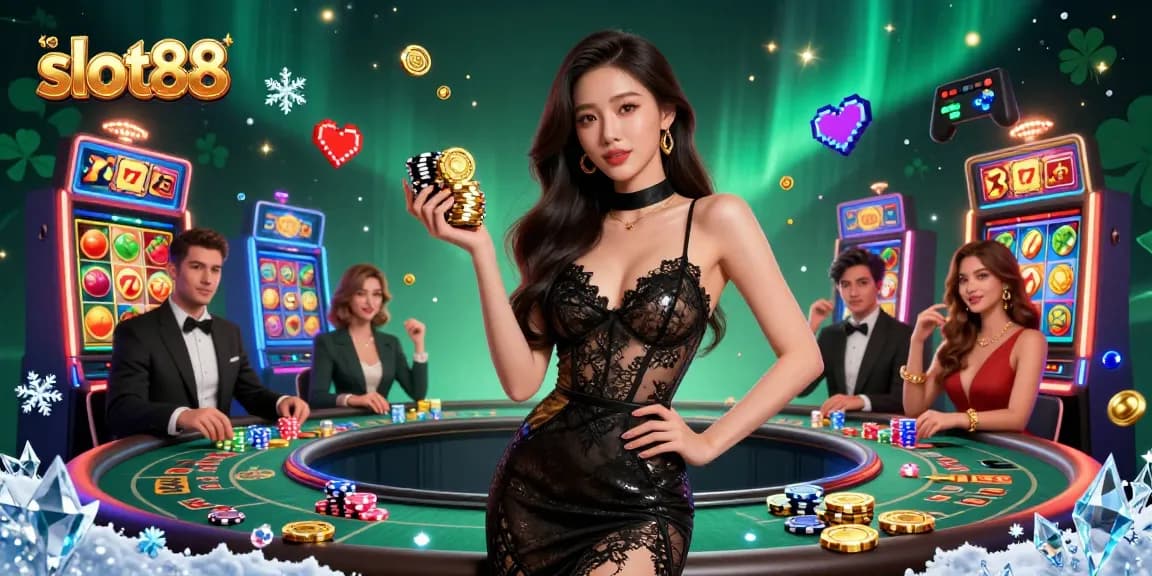 Engage in exciting slot88 gameplay with stunning visuals of glamorous players and vibrant slot machines.