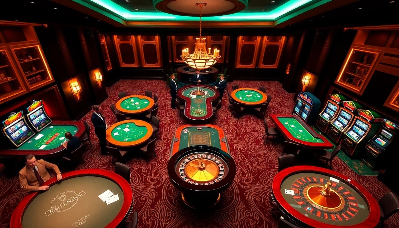 Scène engageante de casino en ligne argent réel avec des tables vibrantes et des éléments de jeu de luxe.