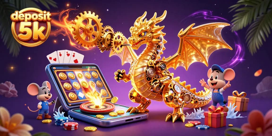 Spin to win with deposit 5k in a vibrant, illustrated casino scene bursting with slots and colorful gameplay.