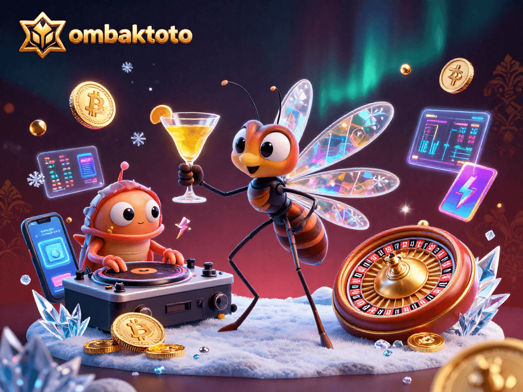 Engage with ombaktoto's vibrant casino scene featuring unique characters and glowing crypto elements.