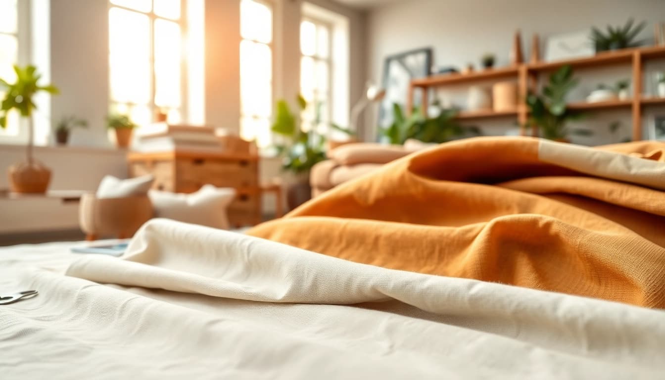 Bekijk goedkope linnen stoffen met diverse texturen en patronen in een sfeervolle studio.