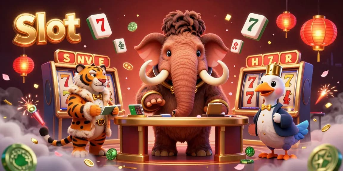 Spin the slot with vibrant characters in this exciting casino scene featuring a woolly mammoth.