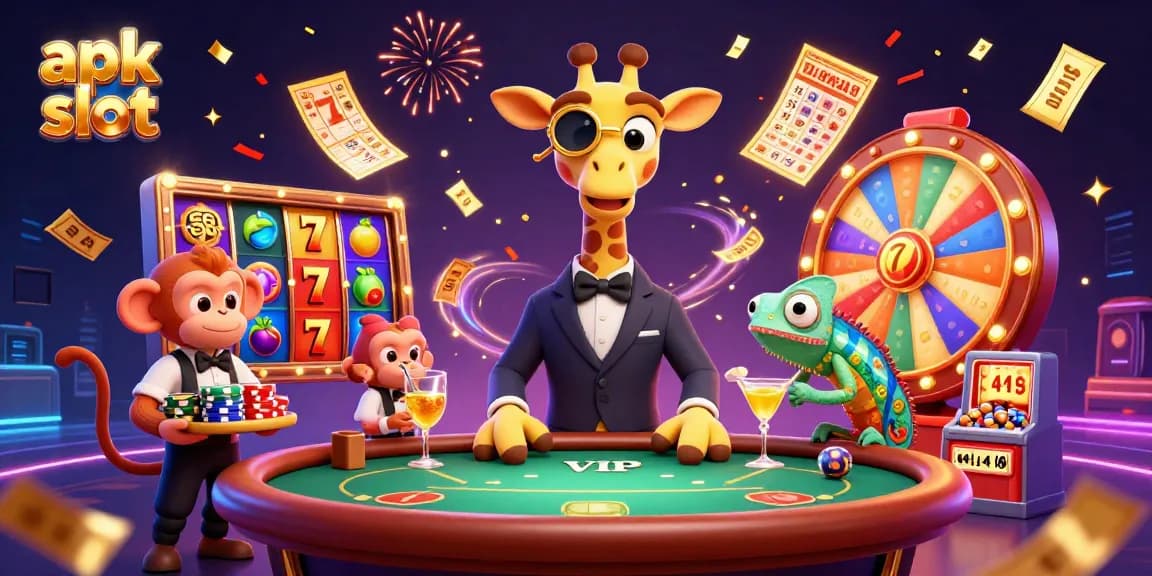 Raih jackpot bermain apk slot dengan gajah jerapah, valet monyet, dan bartender chameleon yang meriah!