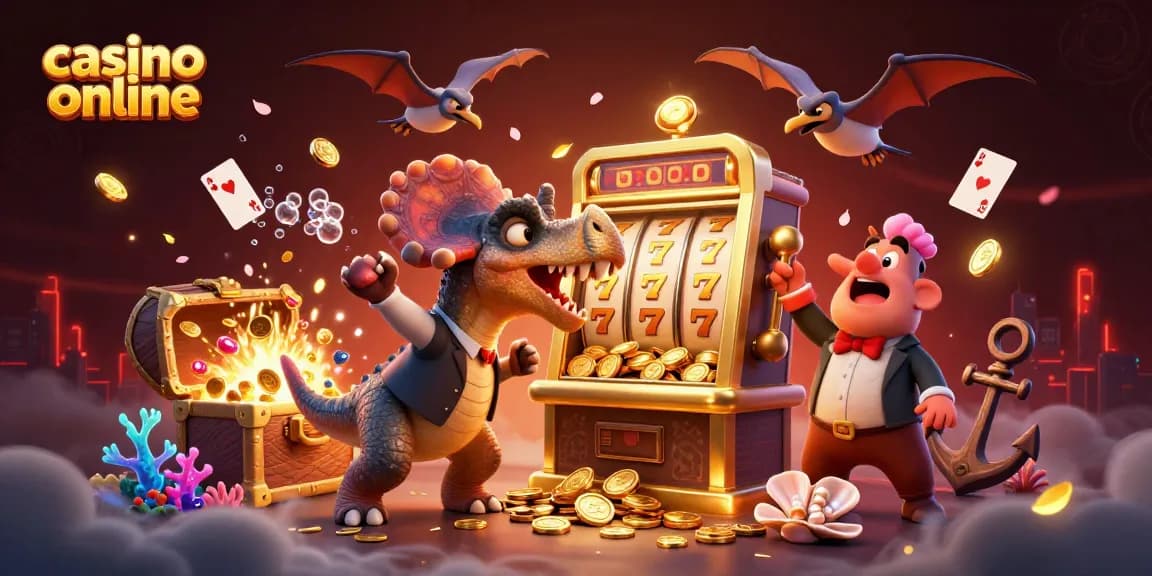 Sloturi și câștiguri la casino online, cu dinozauri și monede de aur în acțiune.