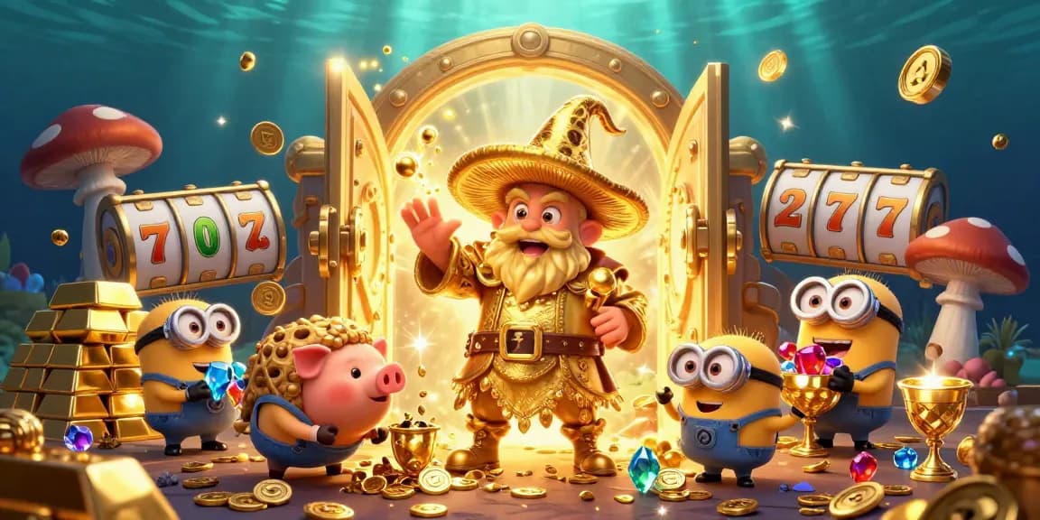 Play thrilling slot gacor hari ini with a magical golden mushroom wizard and treasure-filled scene.