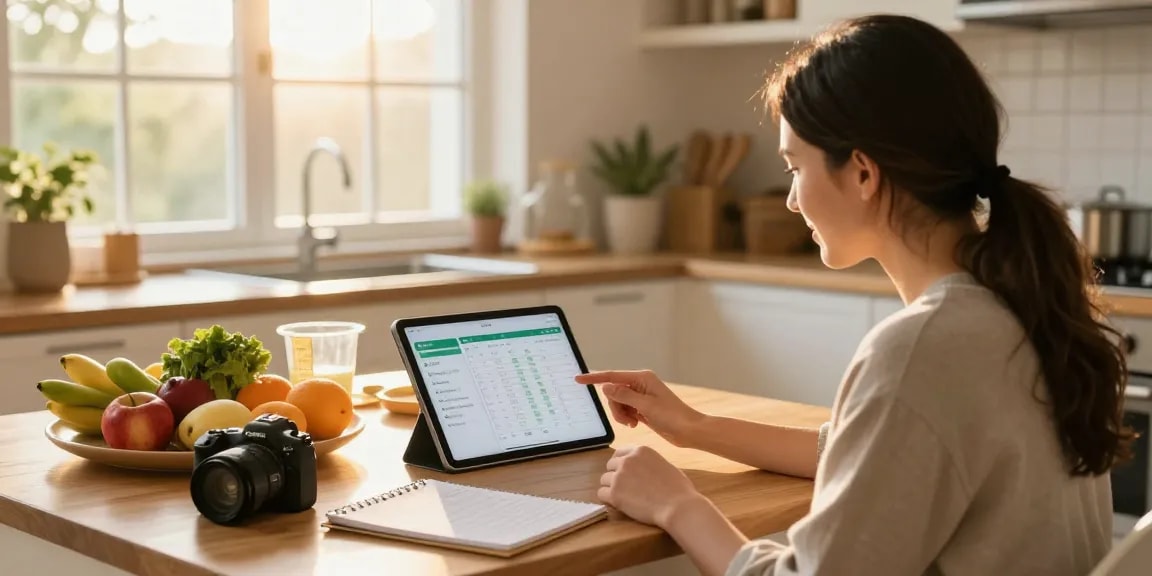 Nutrition coach using the best calorie tracker app in a sunlit kitchen.