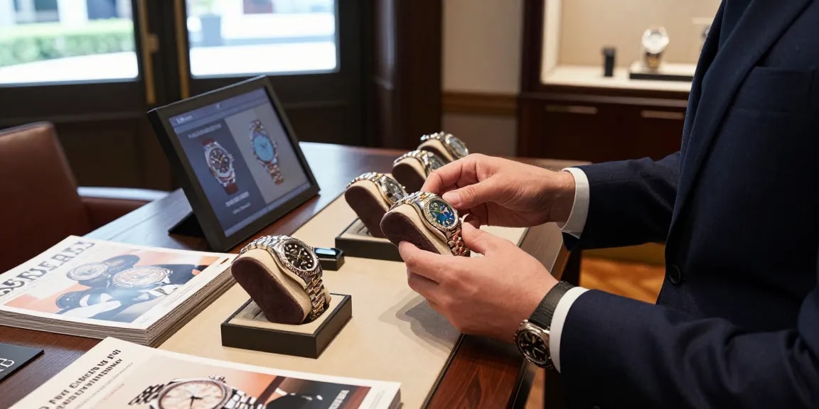 Examine premium replica watches in an upscale showroom, showcasing luxury craftsmanship and elegant design.