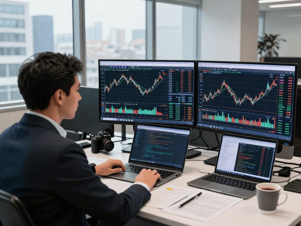 MetaTrader 5 交易者在现代金融办公室中分析市场深度与图表，体现职业交易环境。