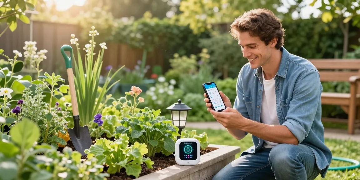 Gardener checking rainpoint wifi water timer app amid vibrant flower beds and plants.