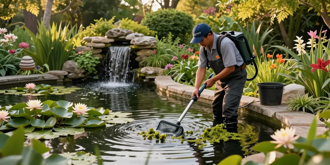 Pond Cleaning Essex: Professional technician cleaning a garden pond, removing algae and debris, surrounded by lush greenery and water lilies.