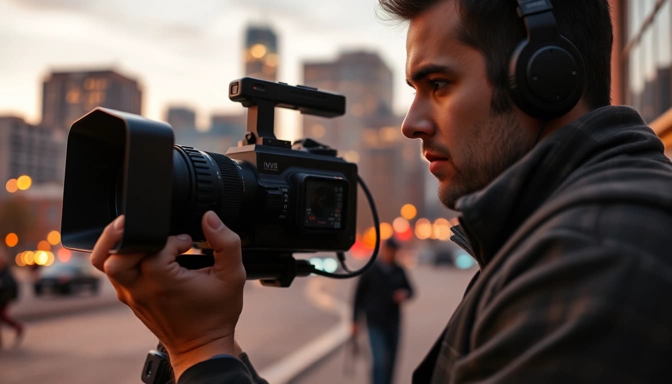 Edmonton videographer capturing cinematic moments against a vibrant city skyline.