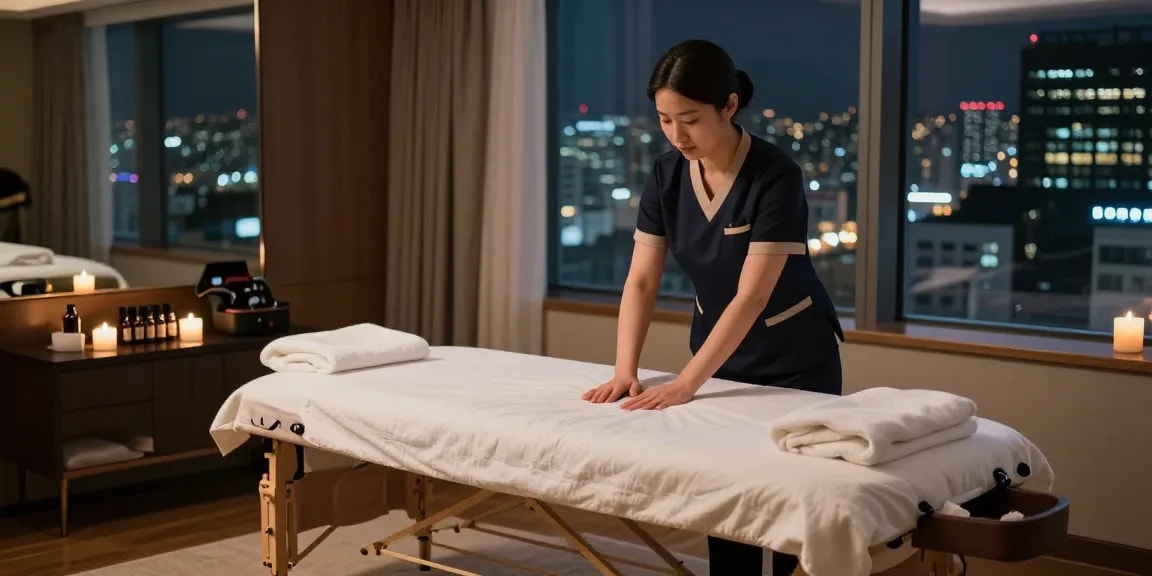 Relaxing 서울출장안마 setup in a luxury hotel room showcasing soft lighting and a professional therapist preparing for a massage.