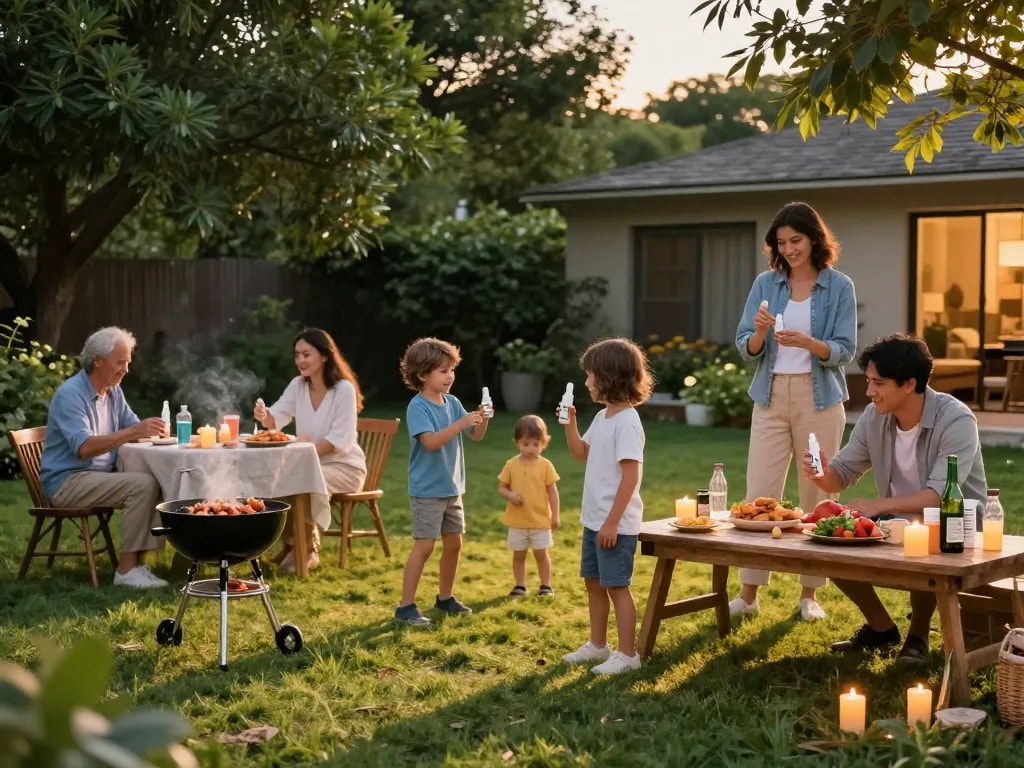 Family applying mosquito repellent while enjoying a summer BBQ outdoors, with citronella candles and picnic setup.