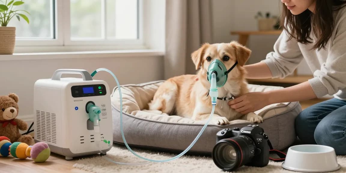 Home oxygen support for pets with a happy dog using an oxygen mask in a cozy environment.
