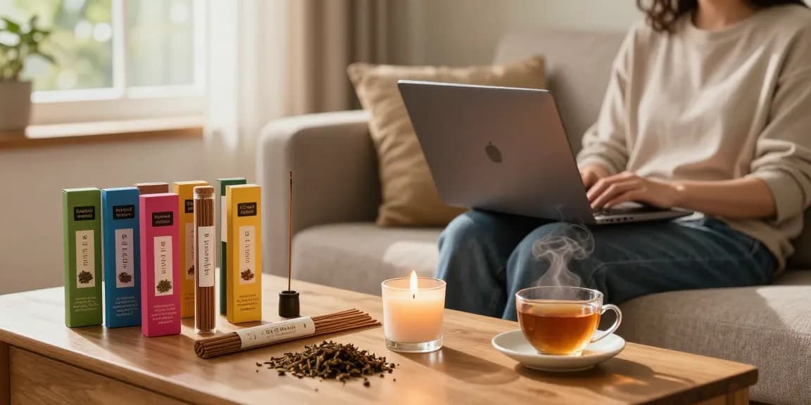 Person enjoying herbal tea while reviewing incensehigh-com-reviews with incense products displayed.