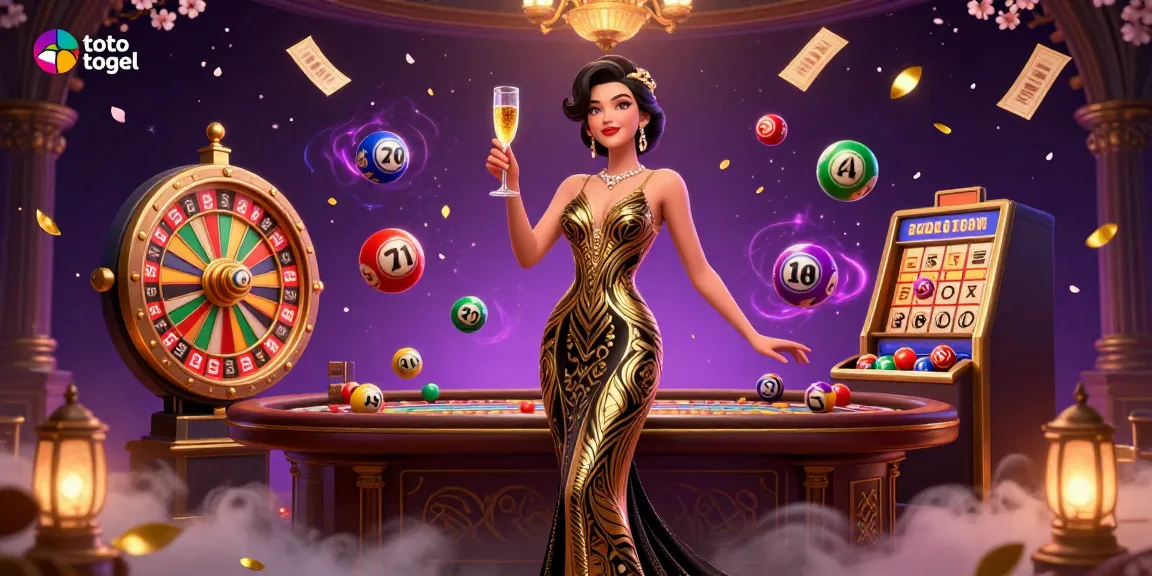 Ikuti keseruan lotere toto togel, menampilkan wanita glamor di antara bola bernomor yang berwarna-warni dan elemen roda hadiah yang dinamis.
