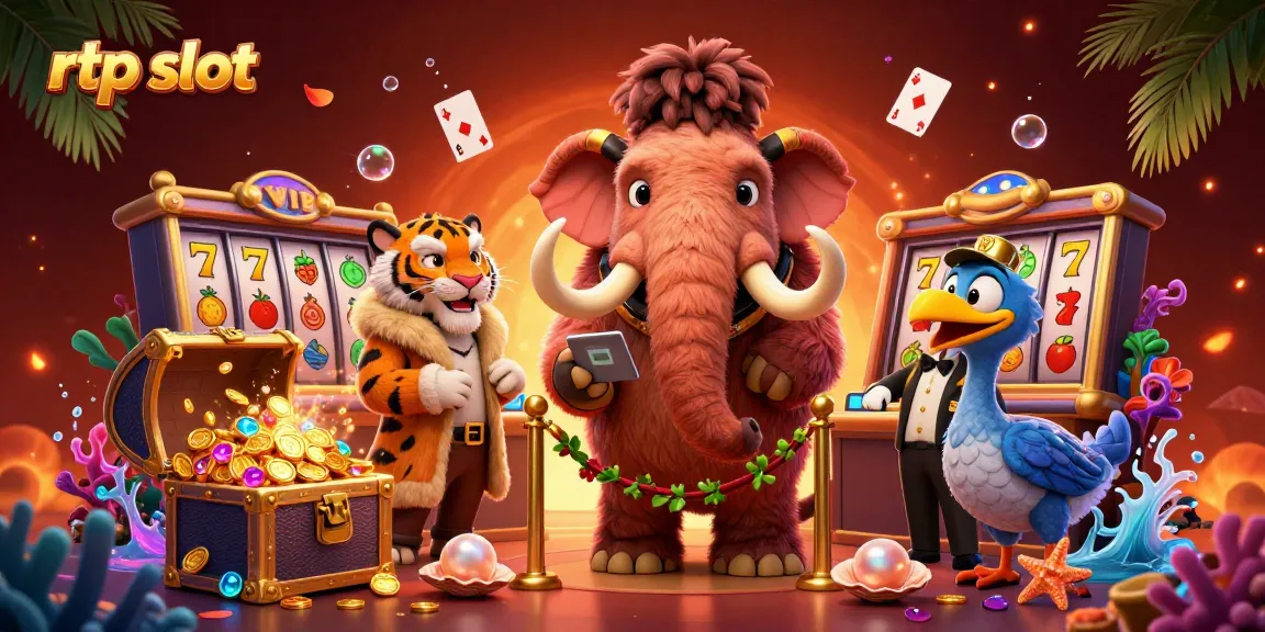 Experience winning RTP slots with a vibrant casino scene featuring a woolly mammoth bouncer and treasures.