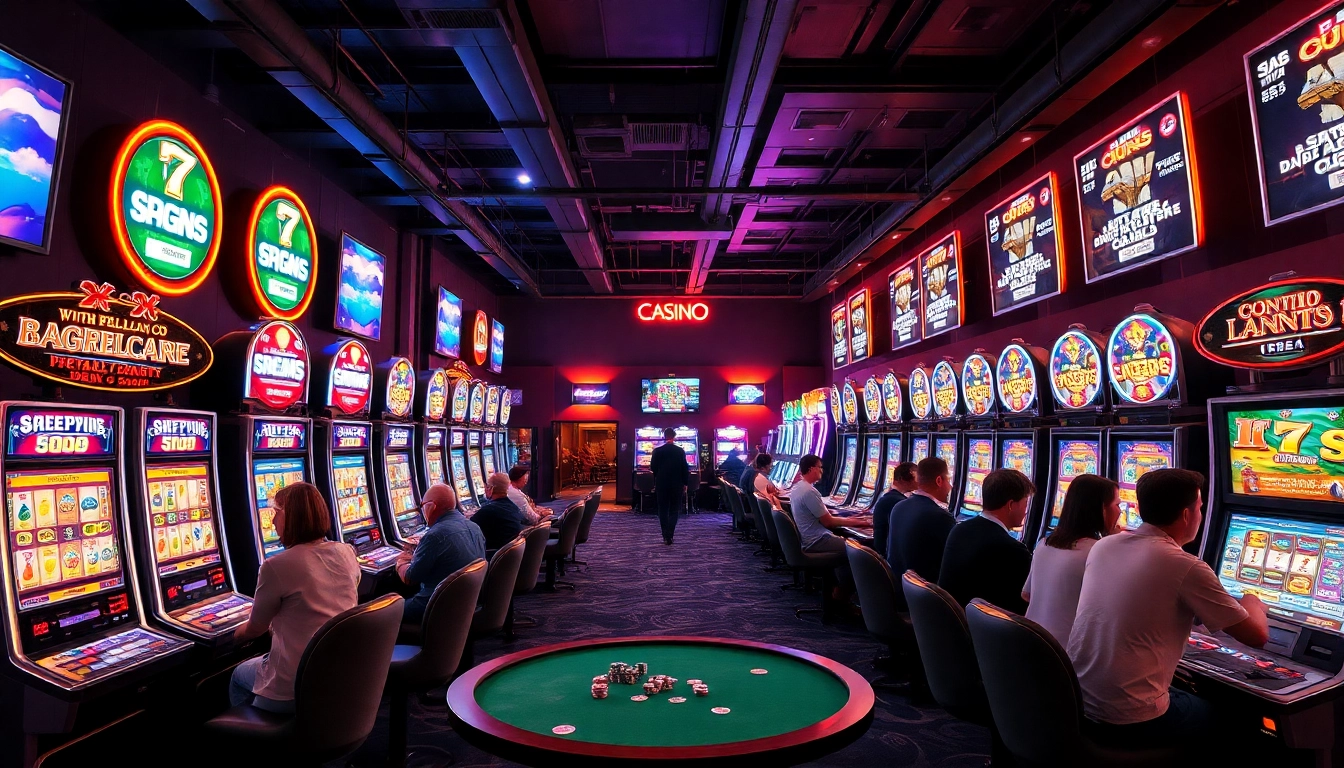SLOT365 LOGIN di ruang permainan kasino dengan mesin slot yang cerah dan pemain yang terlibat.